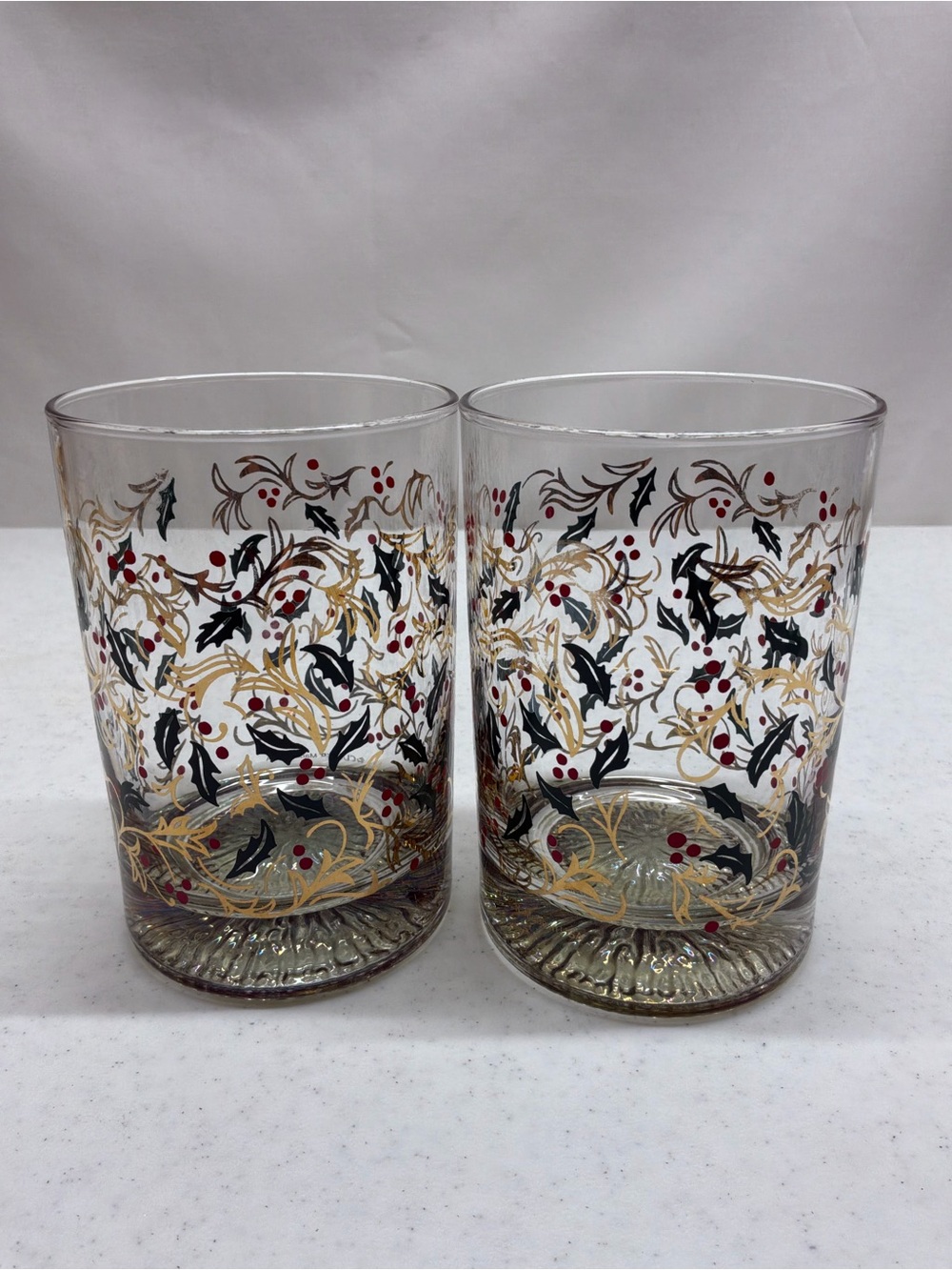 Culver 22K Gold MCM Holly Berry Double Rocks Glasses Signed Set of 2